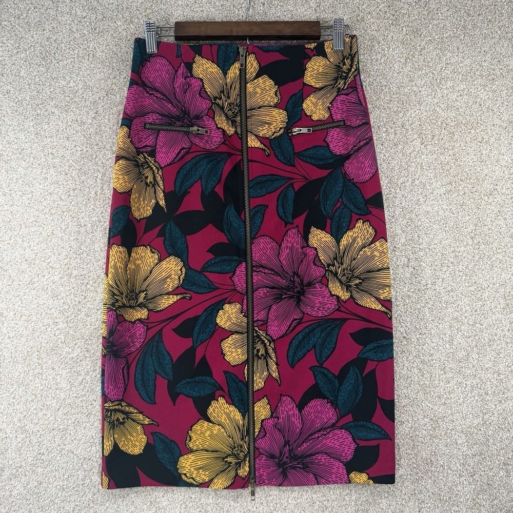 Worthington Sz 6 Skirt‎ Bold Yellow Purple Black Floral Midi Pencil Zip Stretchy